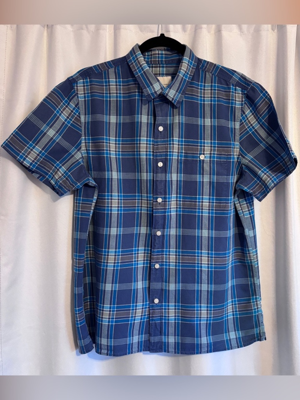 American Eagle 100% Cotton Men's Blue Plaid Short-Sleeve Button-Up Shirt ~ Sz Lg